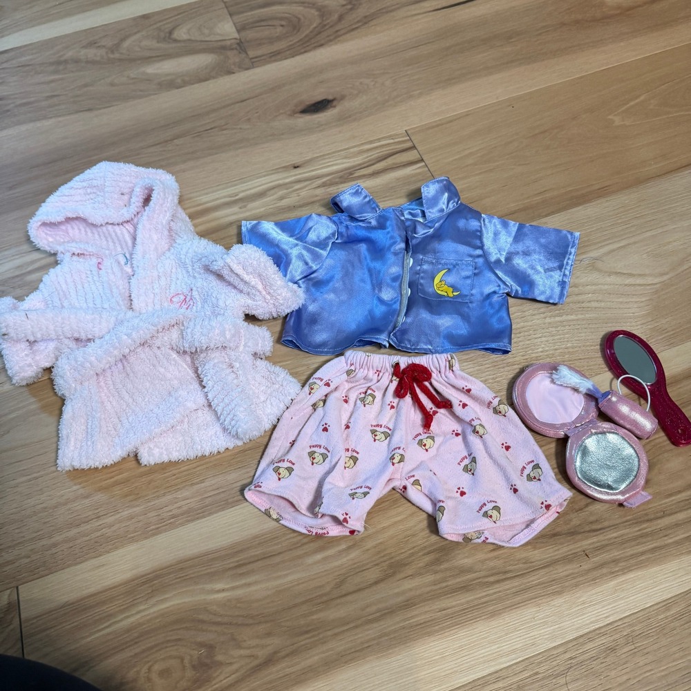 Build a Bear Sleepover Set Pink Robe, PJs, Mirror Makeup Compact Brush Lot